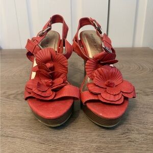 Wedge Sandals Madden Girl Platform Strappy Floral Coral Women’s Shoes Size 8.5